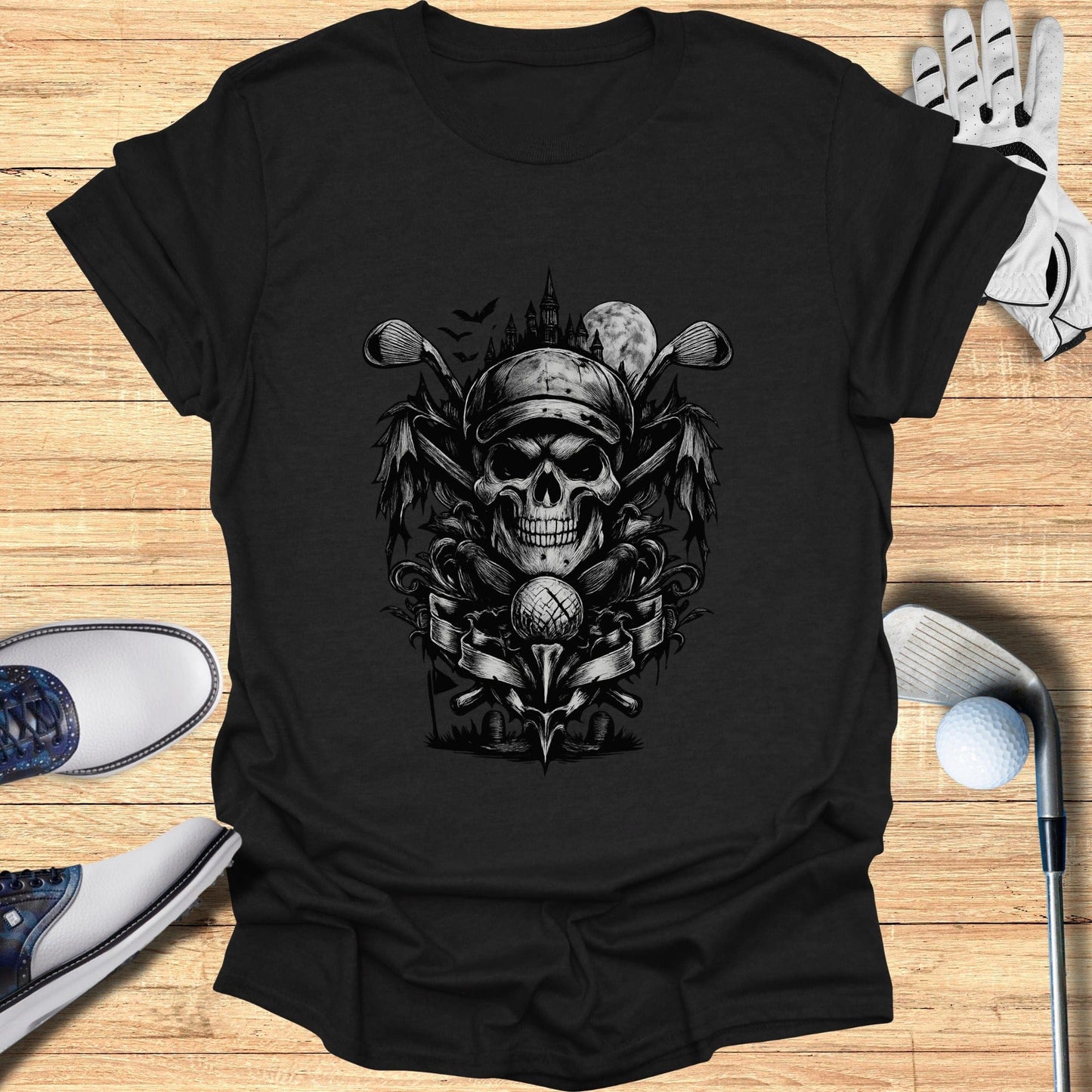 Skull Golf Themed Art on Black T-shirt