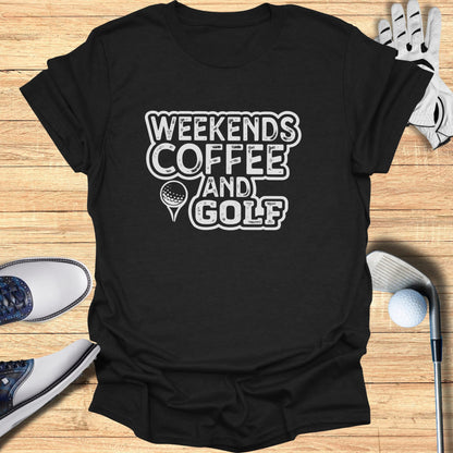 Black t-shirt with "Weekends Coffee and Golf" text and golf accessories.