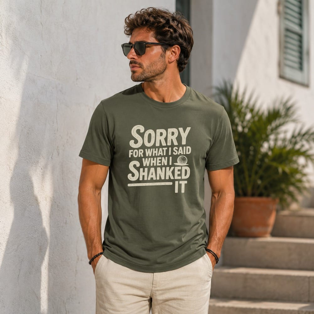 Man wearing olive green t-shirt with "Sorry for what I said when I shanked it" text.