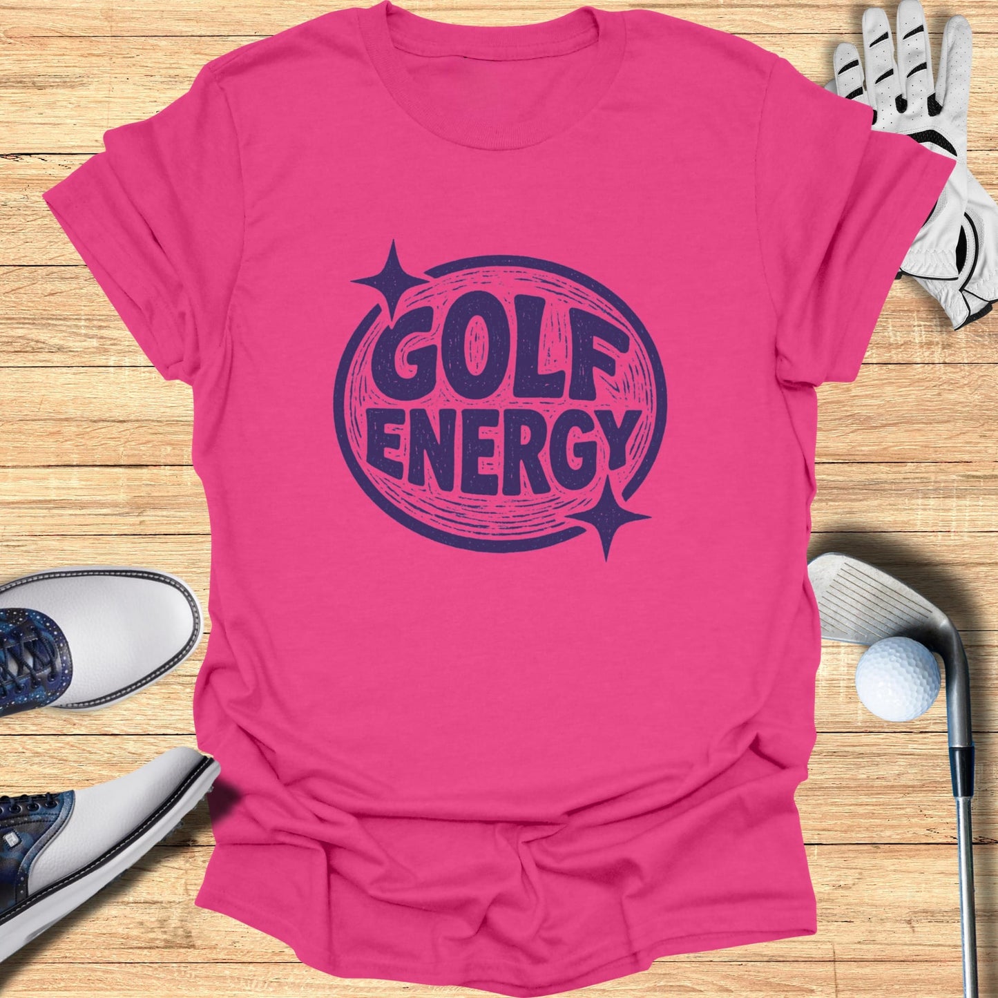 Pink t-shirt with "GOLF ENERGY" text in a circular graphic.
