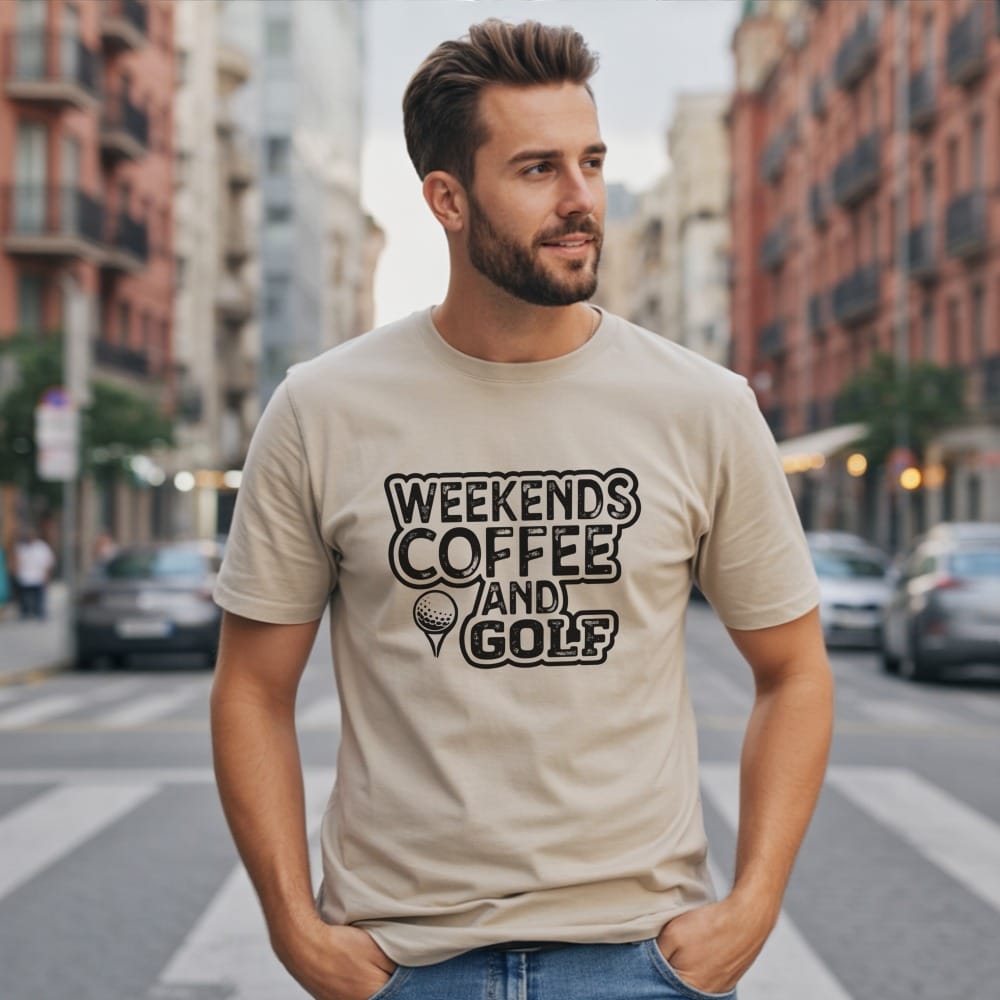 Man wearing a tan t-shirt with "Weekends Coffee and Golf" text and golf ball.
