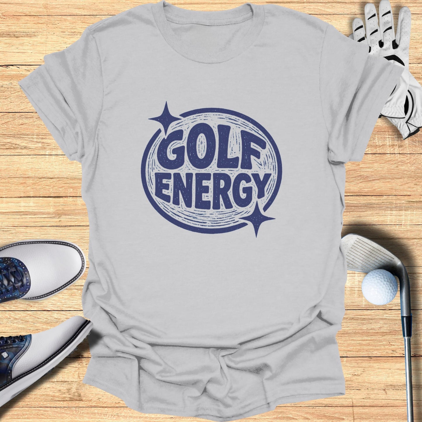 Gray t-shirt with "GOLF ENERGY" in a blue circle logo.