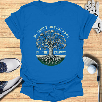 Blue t-shirt with a circular graphic of a tree made of golf clubs.