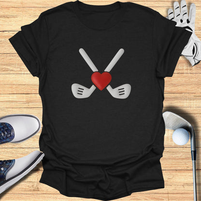 Heart and Golf Clubs Design on Black T-shirt