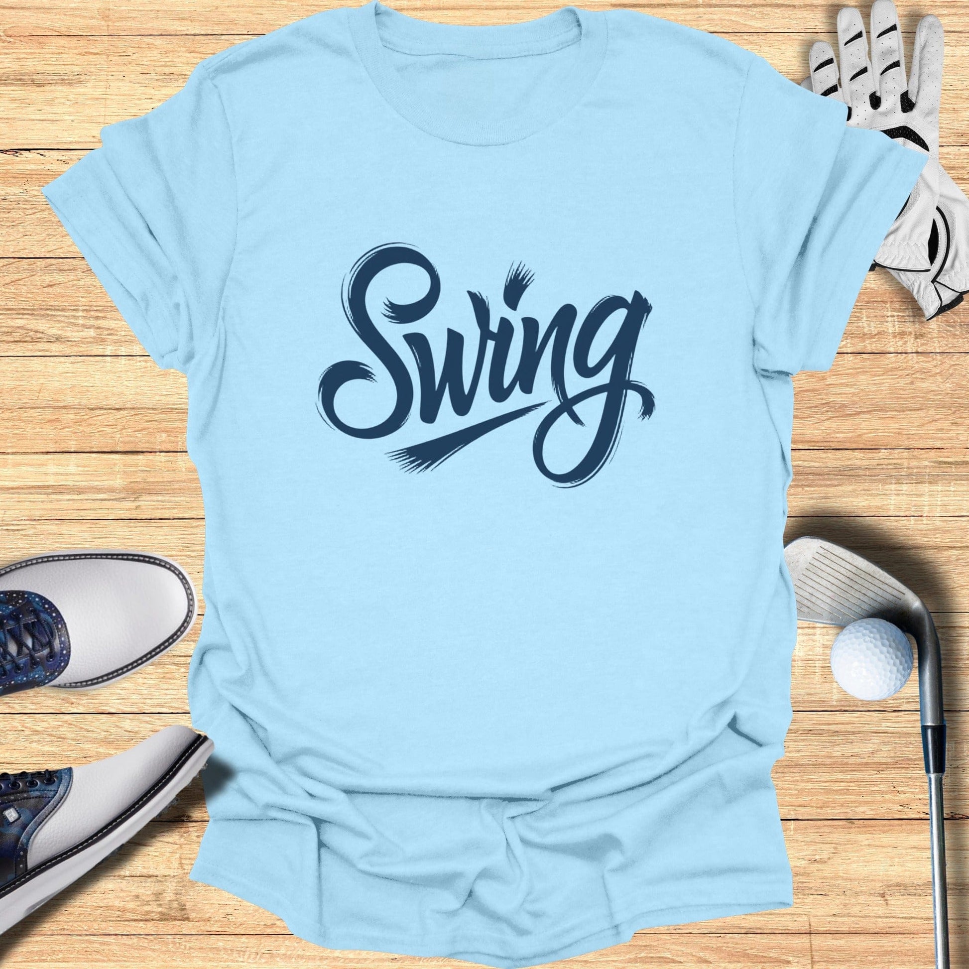 Swing Script on Light Blue T-Shirt