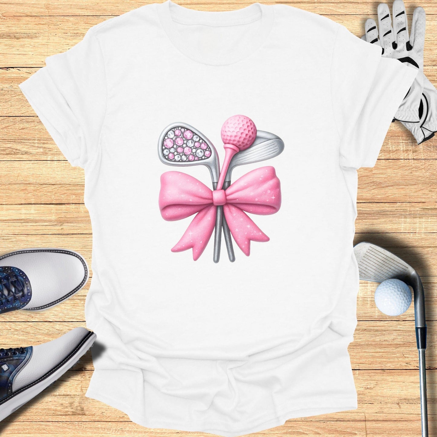 Pink Bow Golf Clubs and Golf Ball Graphic T-shirt