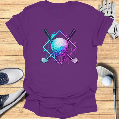 Purple t-shirt with dripping golf club and ball graphic.