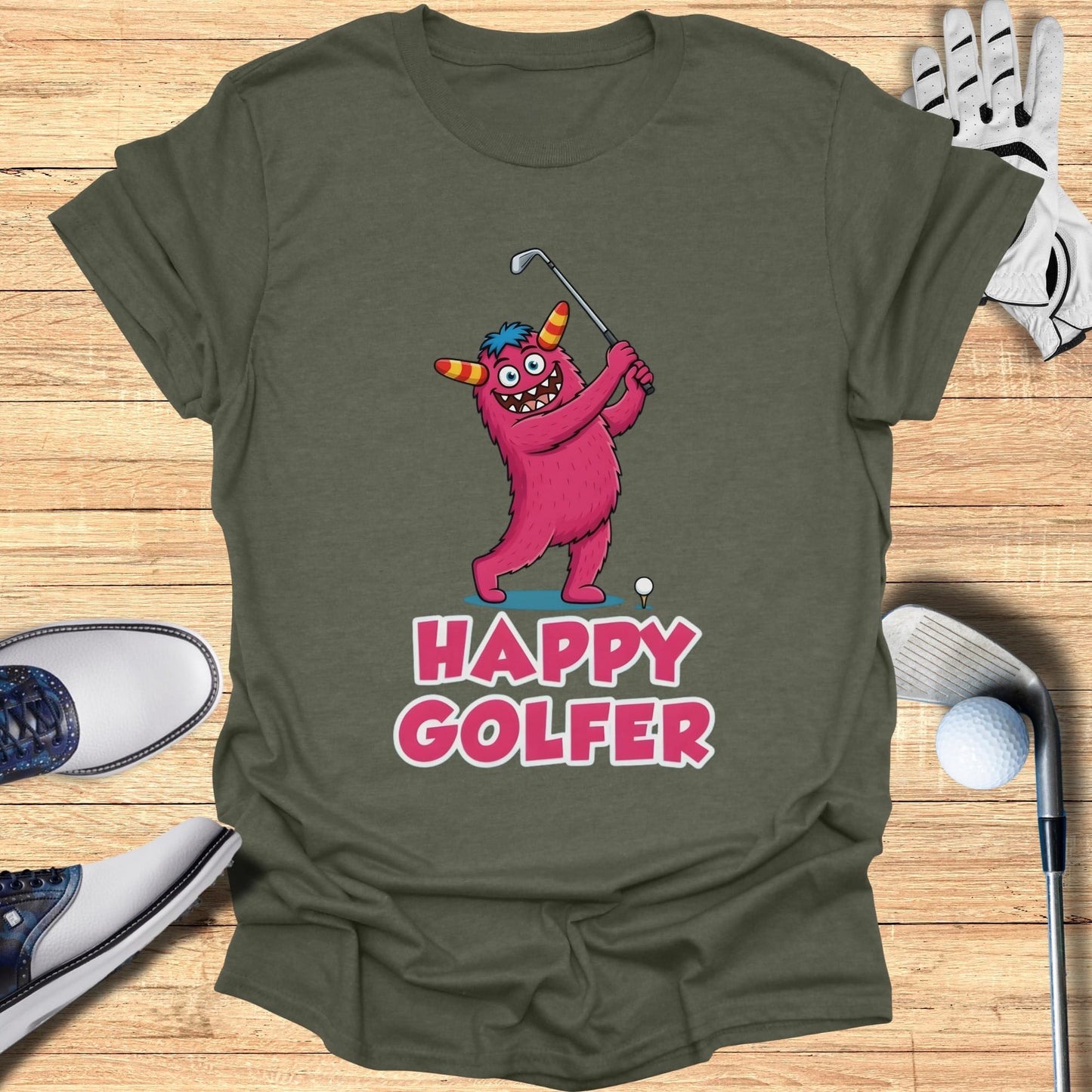 Cartoon pink monster playing golf with text "Happy Golfer".
