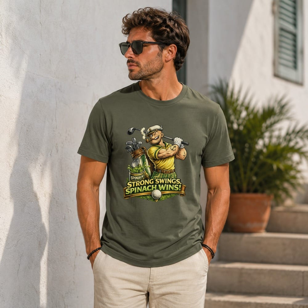 Olive green t-shirt with cartoon golfer and text "Spinach Strong, Spinach Wins!".