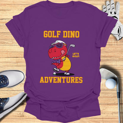 Purple t-shirt with "Golf Dino Adventures" and a cartoon dinosaur golfer.