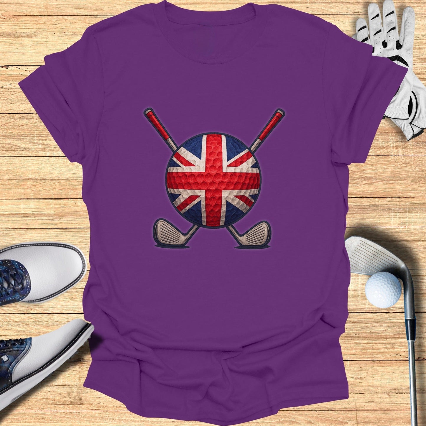 British Flag Golf Ball with Clubs Purple T-Shirt
