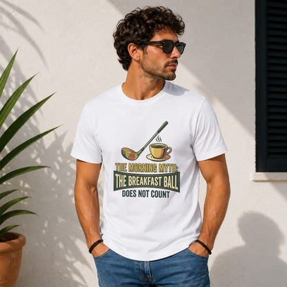 Man in white t-shirt with golf club and coffee cup graphic that reads "The Morning Myth: The Breakfast Ball Does Not Count".