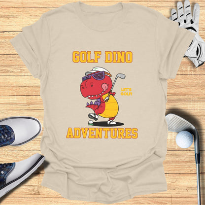 Cartoon dinosaur golfer in sunglasses and hat on t-shirt.