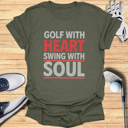 T-shirt with "Golf With Heart Swing With Soul" text, golf shoes, and glove.
