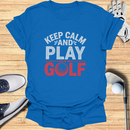 Blue t-shirt with "Keep Calm and Play Golf" text and golf ball graphic.
