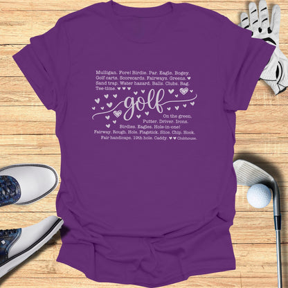 Purple t-shirt with "golf" and golf terms in white lettering.