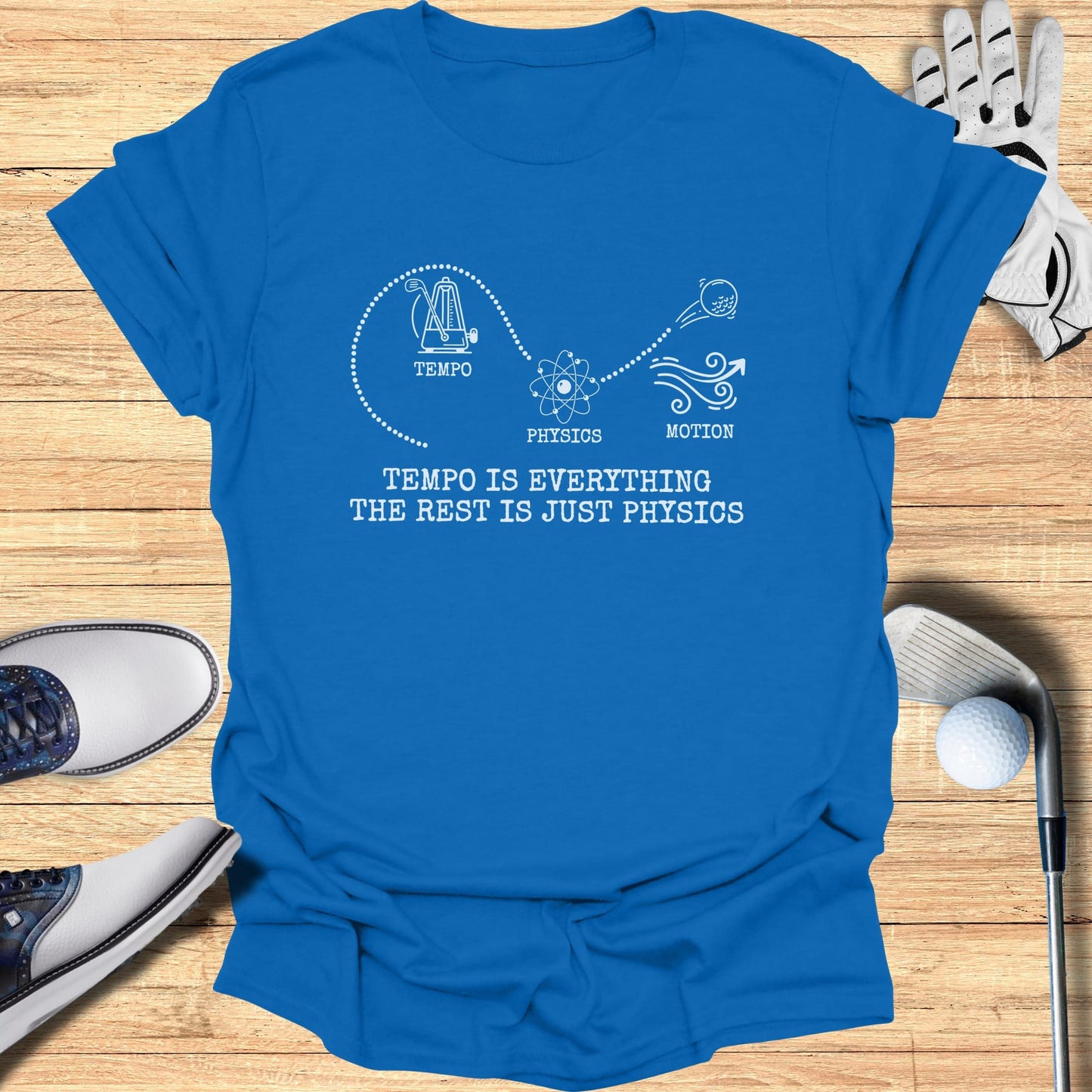 Blue t-shirt with white text and graphics about tempo and physics.