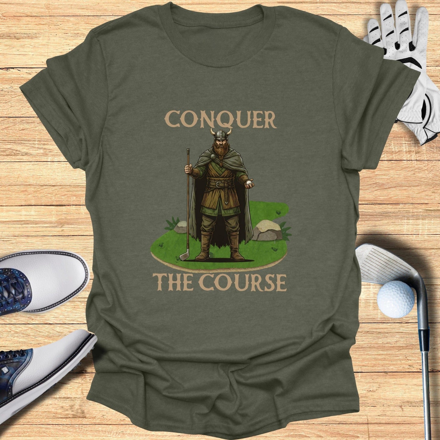 Conquer the Course Viking Themed Golf T-shirt