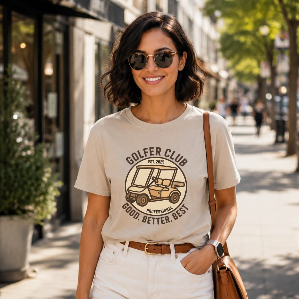 Light tan t-shirt with "Golfer Club Est. 2025" logo and phrase.