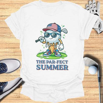 Golf ball character in ice cream cone hat, with text "The Par-fect Summer".