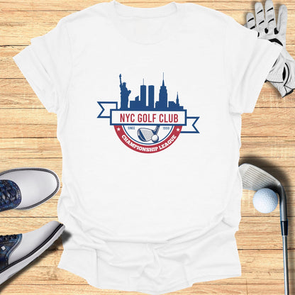 NYC Golf Club Championship League logo on a white t-shirt.