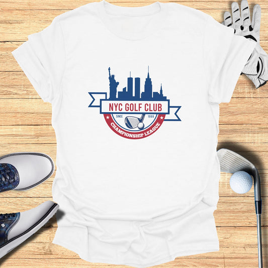 NYC Golf Club Championship League logo on a white t-shirt.
