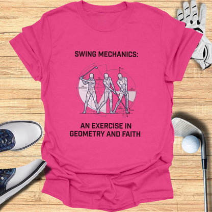 T-shirt with golf swing mechanics diagram and text.