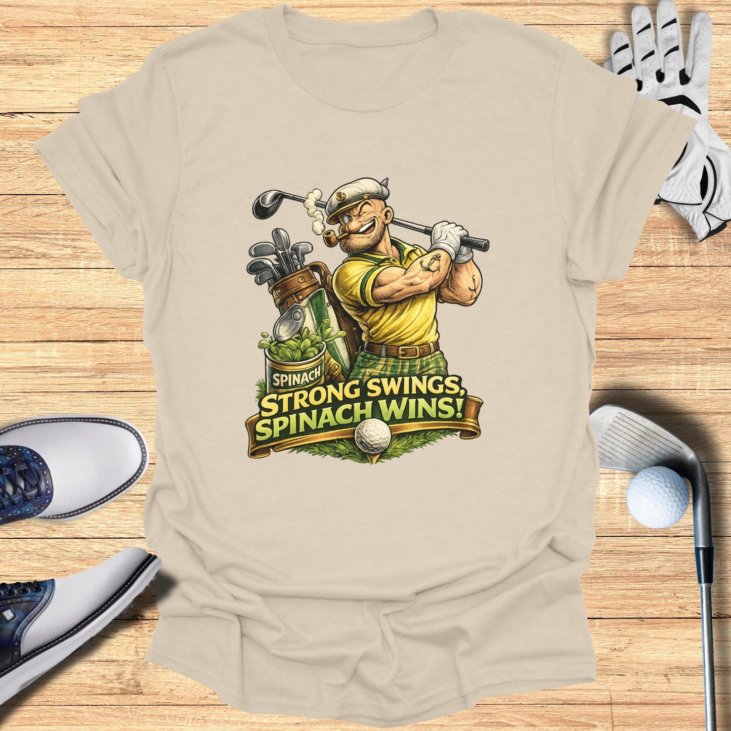 Man with cigar golfing, with text "Strong Swings, Spinach Wins!".