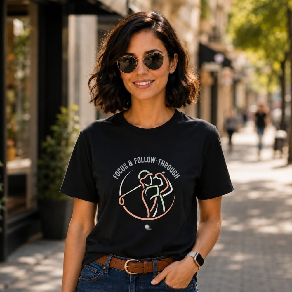 Black t-shirt with "Focus & Follow-Through" text and golf graphic.