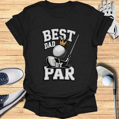 Black t-shirt with "BEST DAD BY PAR" text and golf imagery.