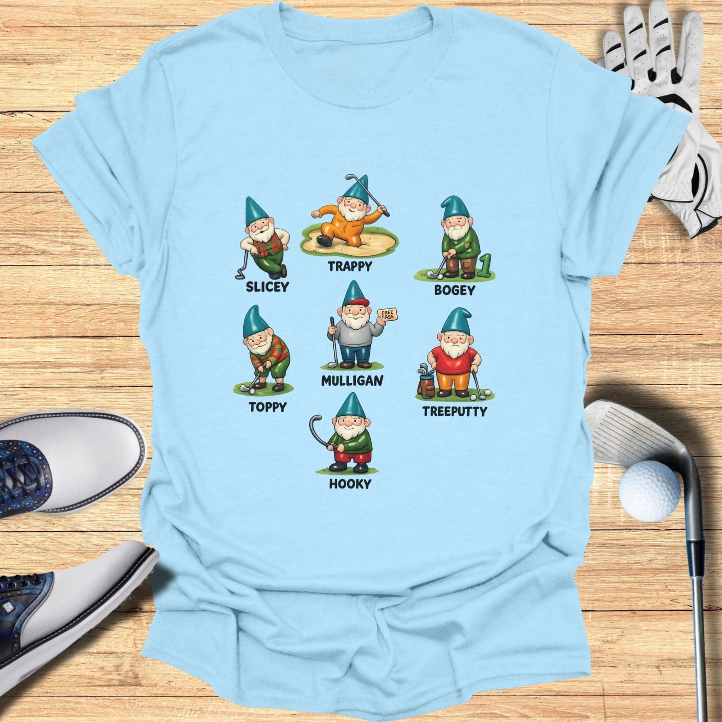Funny Golfing Gnomes Illustration T-Shirt for Enthusiasts