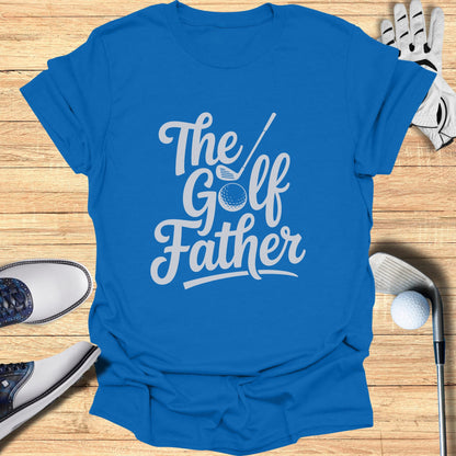 Blue t-shirt with white text "The Golf Father" with golf equipment.