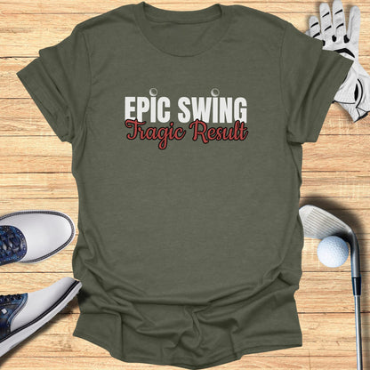 T-shirt with text "Epic Swing Tragic Result" and golf accessories.