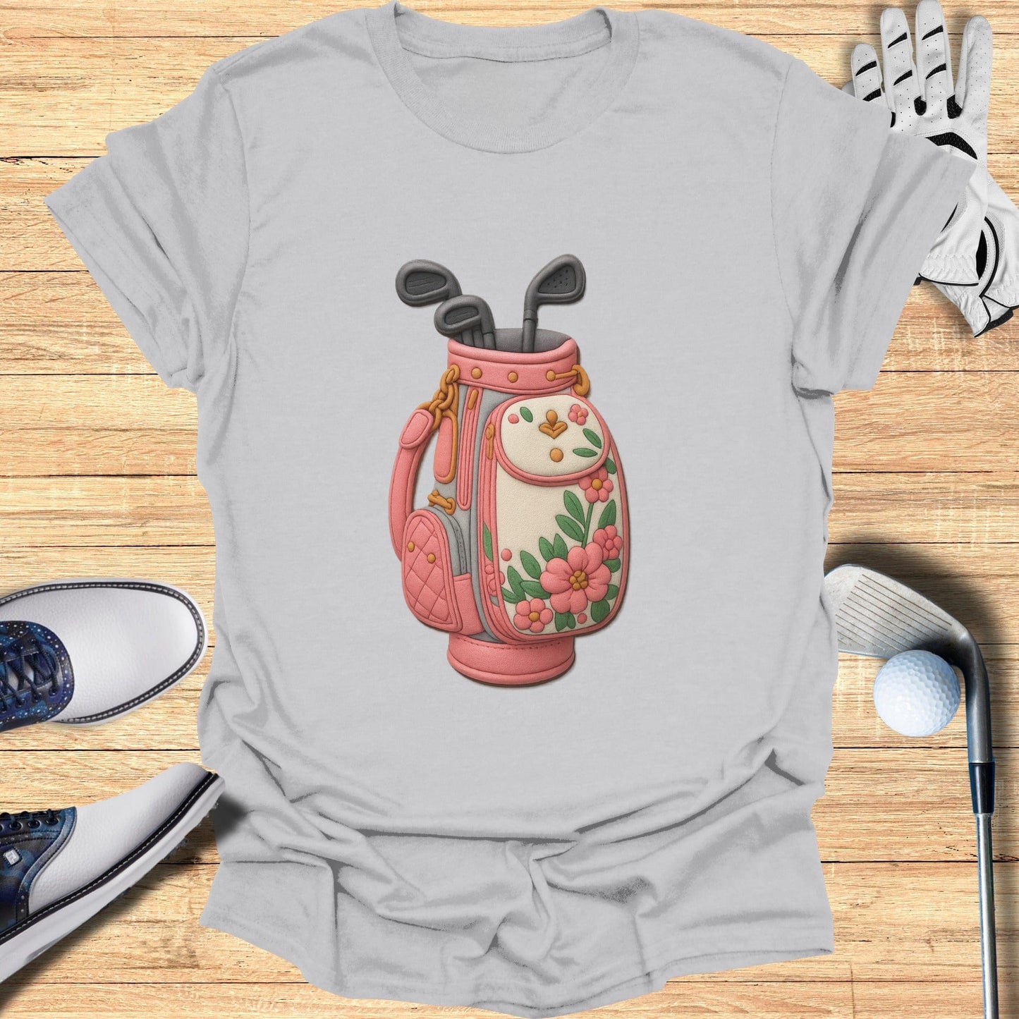 Floral Golf Bag Illustration Tee for Golf Enthusiasts