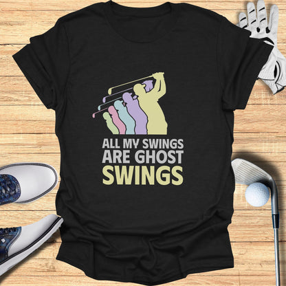 Black t-shirt with colorful graphic and text "ALL MY SWINGS ARE GHOST SWINGS".