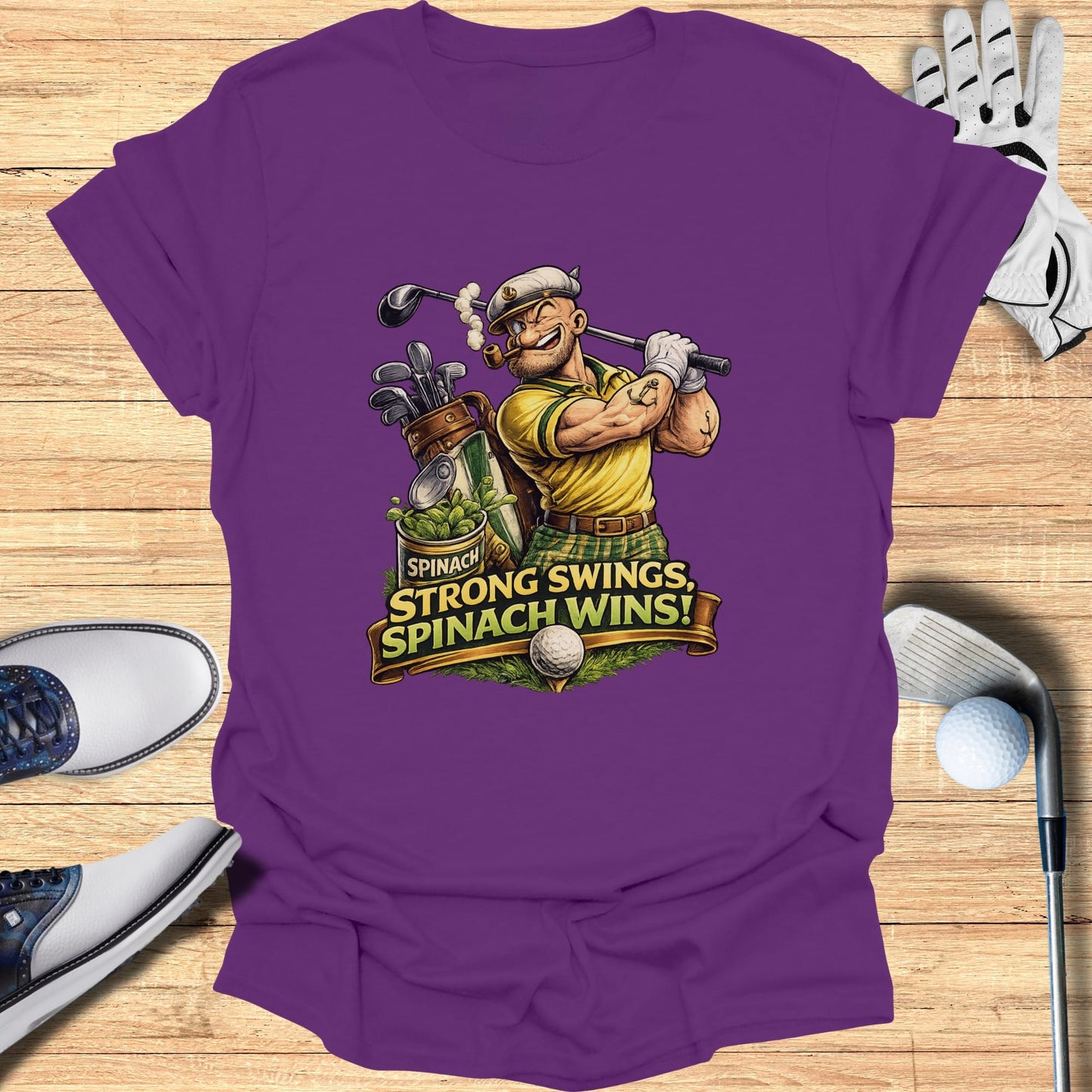 T-shirt with cartoon golfer and text "SPINACH, STRONG SWINGS, SPINACH WINS!".