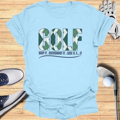 Light blue t-shirt with "GOLF" text and golf accessories.