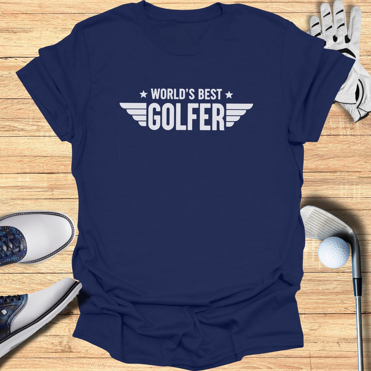 Navy t-shirt with "World's Best Golfer" text and wings graphic.