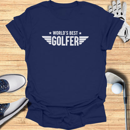 Navy t-shirt with "World's Best Golfer" text and wings graphic.