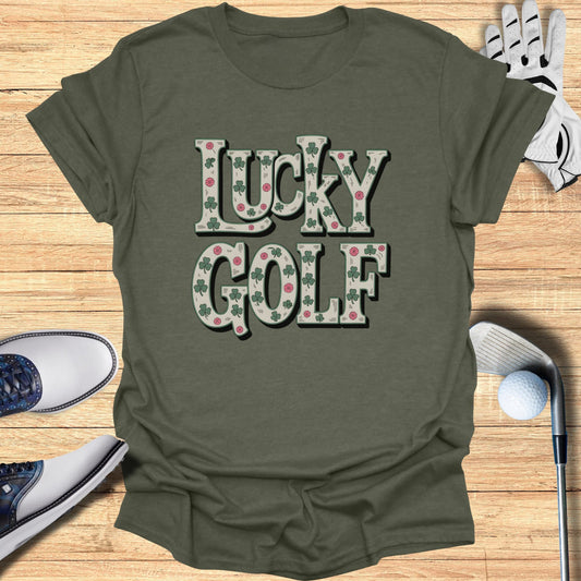 Green t-shirt with Lucky Golf text and shamrock clover designs.