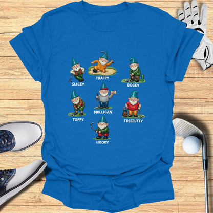Funny Golf Gnomes Characters on Blue T-Shirt