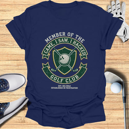 Navy t-shirt with golf club crest: "Came, I Saw, I Hacked".