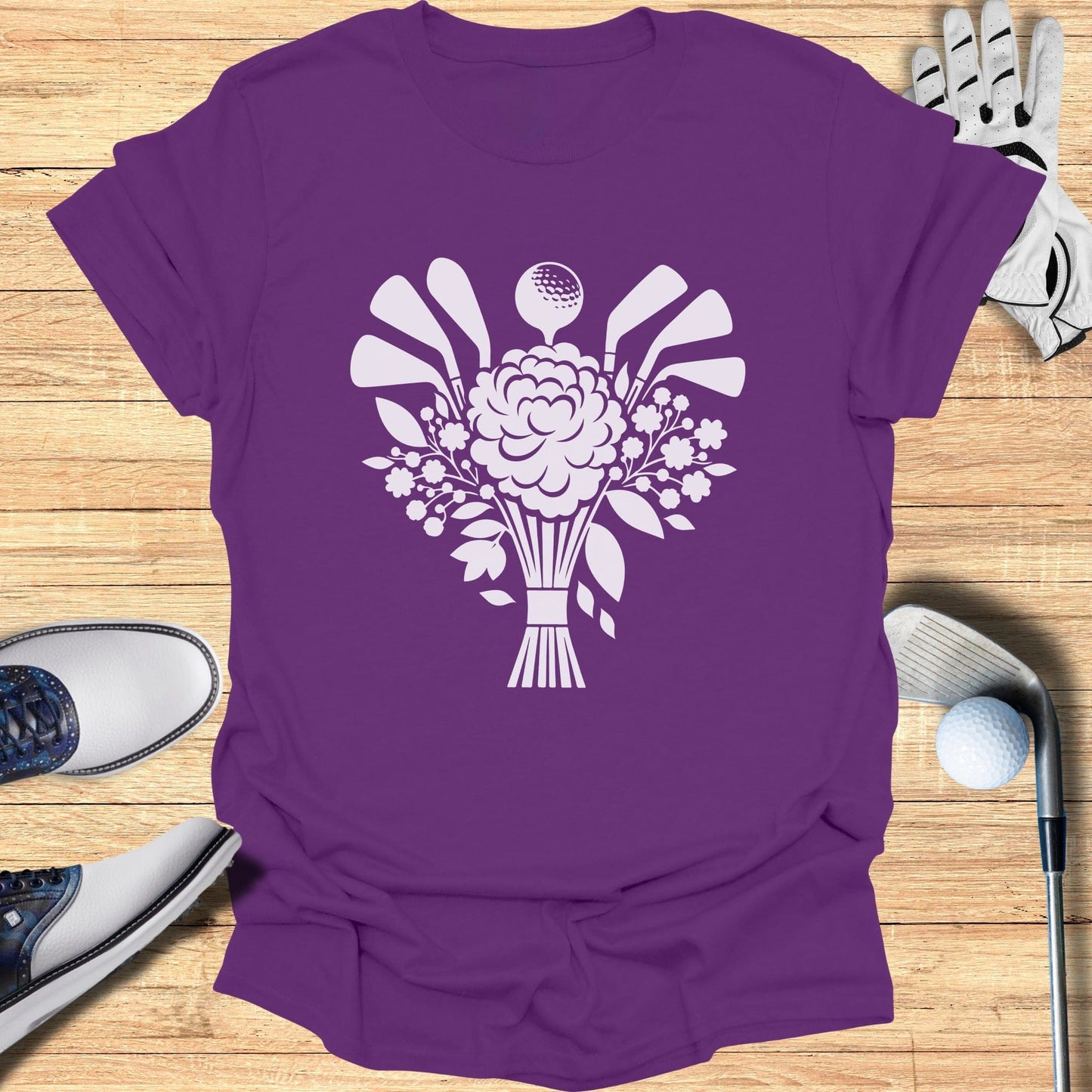 Golf Themed Purple T-Shirt with Floral Golf Design