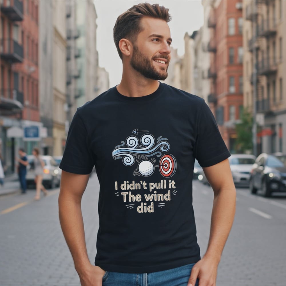 Man wearing dark t-shirt with "I didn't pull it the wind did" and golf imagery.