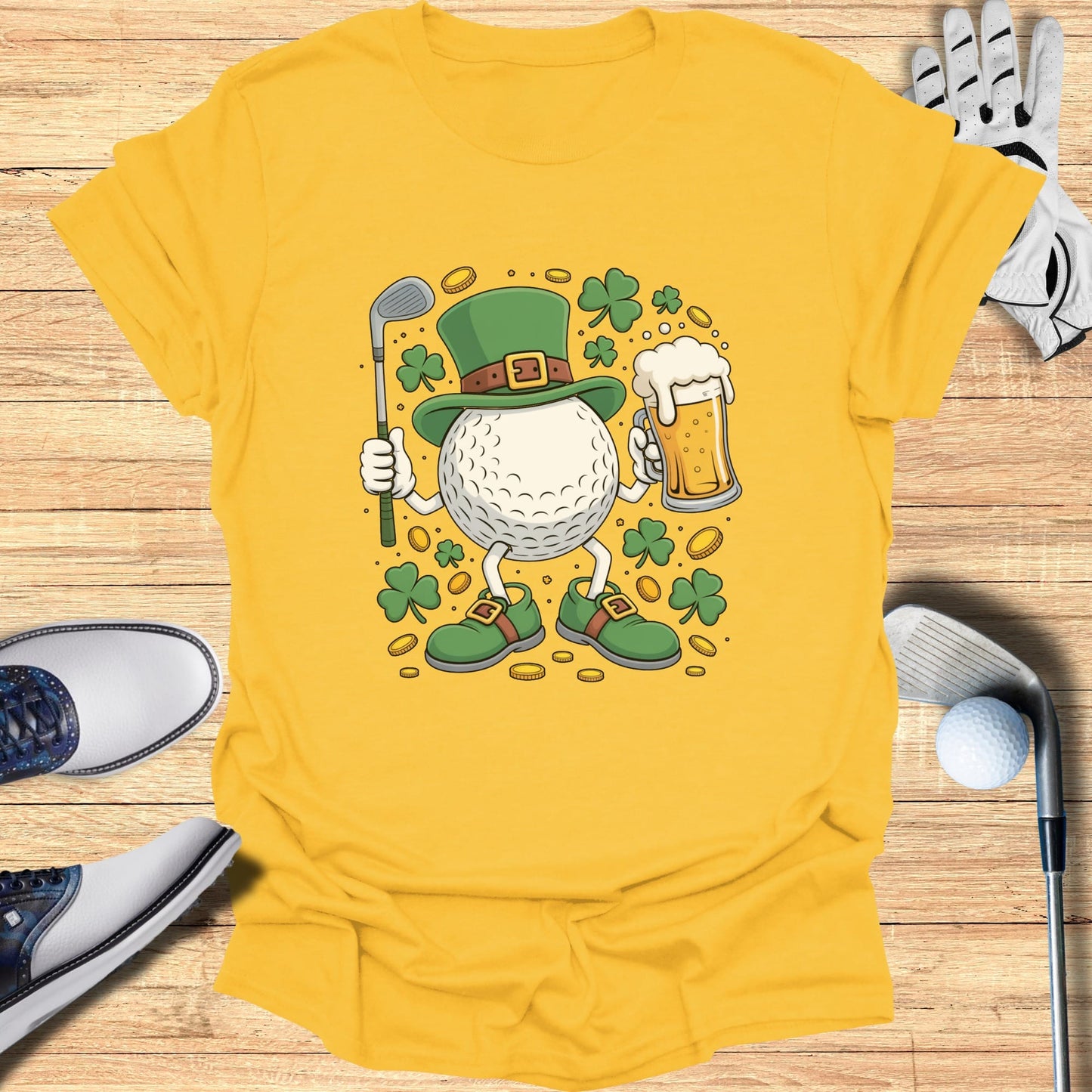 Golf ball character wearing a leprechaun hat holding a golf club and beer.