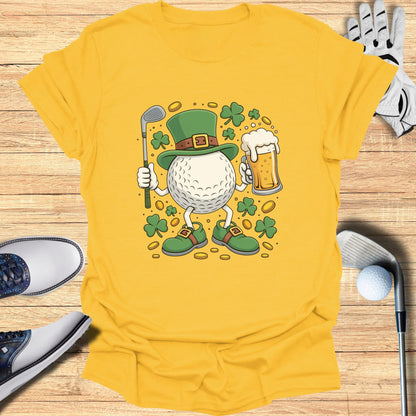 Golf ball character wearing a leprechaun hat holding a golf club and beer.