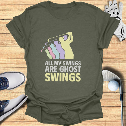 Olive t-shirt with "ALL MY SWINGS ARE GHOST SWINGS" text and golf graphics.