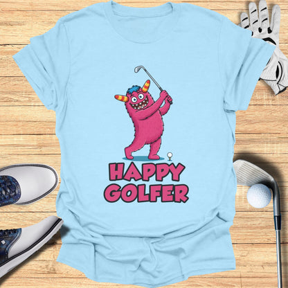 Pink cartoon monster swinging a golf club with text "HAPPY GOLFER".