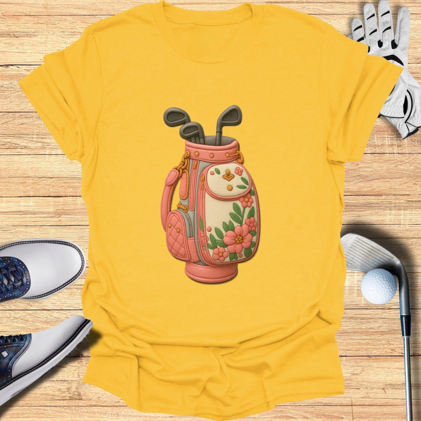 Vibrant Floral Golf Bag Graphic on Yellow Shirt