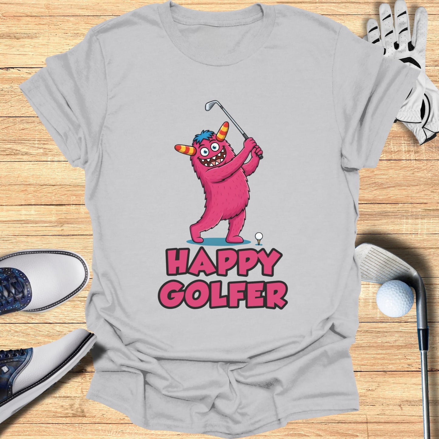 Pink monster swinging a golf club with "Happy Golfer" text.